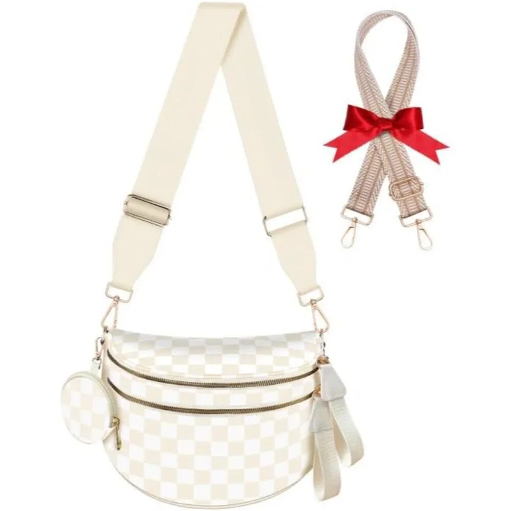Women Checkered Nylon Crossbody Bag Large Capacity Adjustable Strap